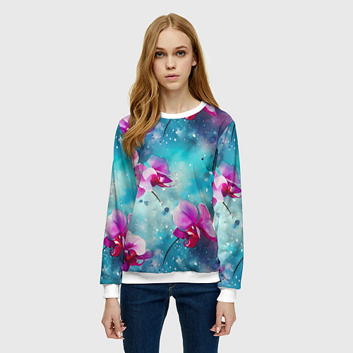Женский свитшот Розовые орхидеи на бирюзовом - паттерн акварель / 3D-Белый – фото 3