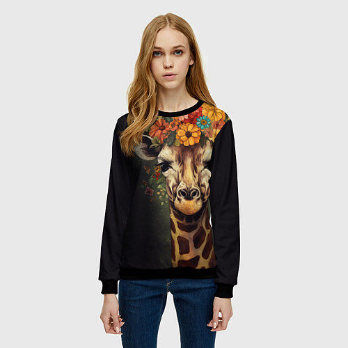 Женский свитшот Портрет жирафа с цветами: арт нейросети / 3D-Черный – фото 3