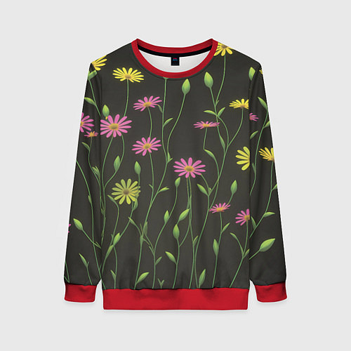 Женский свитшот Полевые цветочки на темном фоне / 3D-Красный – фото 1
