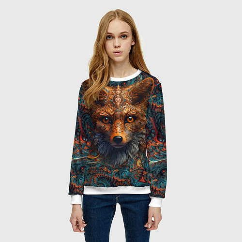 Женский свитшот Морда лисы на фрактальных узорах / 3D-Белый – фото 3