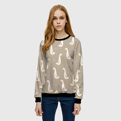 Женский свитшот Утки на травке - бежевый / 3D-Черный – фото 3