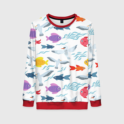 Женский свитшот Рыбы и чайки / 3D-Красный – фото 1