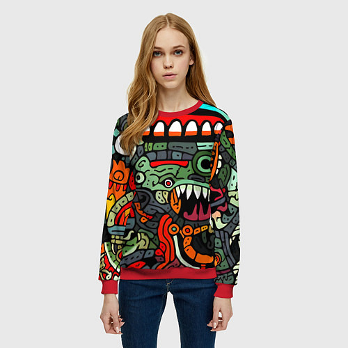 Женский свитшот Монстры в зеленом и оранжевом - нейросеть / 3D-Красный – фото 3