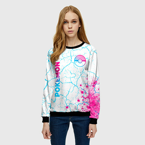 Женский свитшот Pokemon neon gradient style: надпись, символ / 3D-Черный – фото 3