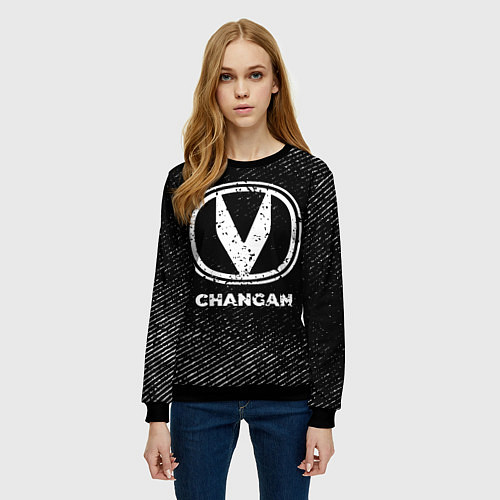 Женский свитшот Changan с потертостями на темном фоне / 3D-Черный – фото 3