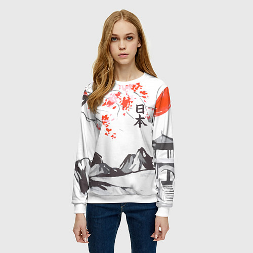 Женский свитшот Цветущая сакура и солнце - Япония / 3D-Белый – фото 3