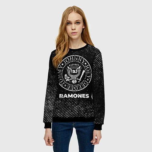 Женский свитшот Ramones с потертостями на темном фоне / 3D-Черный – фото 3