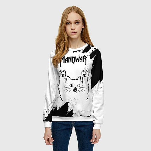 Женский свитшот Manowar рок кот на светлом фоне / 3D-Белый – фото 3