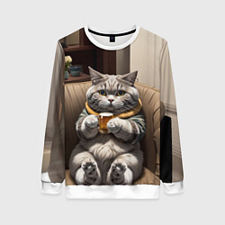 Свитшот женский Кот сидит на диване с напитком, цвет: 3D-белый