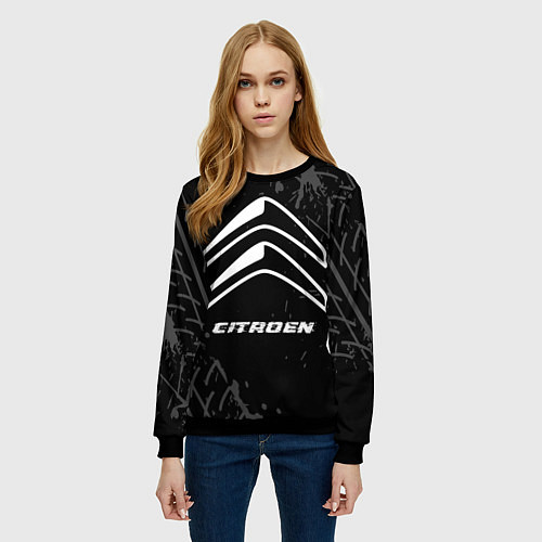 Женский свитшот Citroen speed на темном фоне со следами шин / 3D-Черный – фото 3