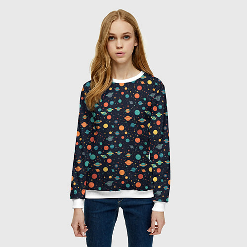 Женский свитшот Темный космос с планетами паттерн / 3D-Белый – фото 3