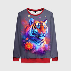Свитшот женский Тигр и краски - нейросеть, цвет: 3D-красный