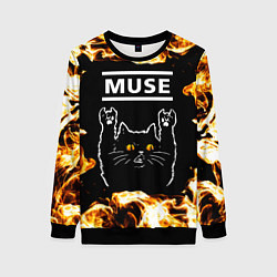 Свитшот женский Muse рок кот и огонь, цвет: 3D-черный