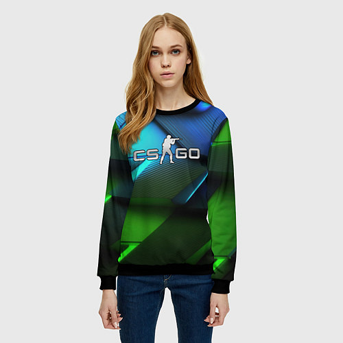 Женский свитшот CS GO green blue abstract / 3D-Черный – фото 3