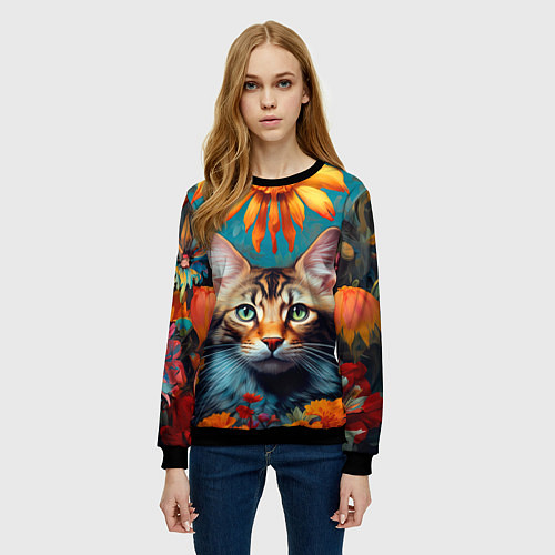 Женский свитшот Дикая кошка в цветах / 3D-Черный – фото 3