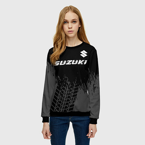 Женский свитшот Suzuki speed на темном фоне со следами шин: символ / 3D-Черный – фото 3