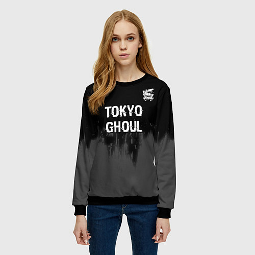 Женский свитшот Tokyo Ghoul glitch на темном фоне: символ сверху / 3D-Черный – фото 3