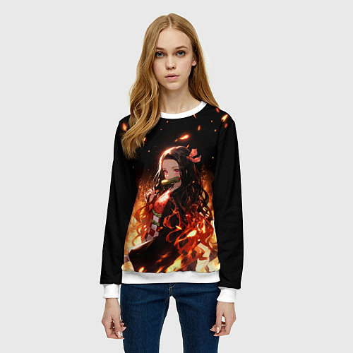 Женский свитшот Незуко и пламя - клинок / 3D-Белый – фото 3
