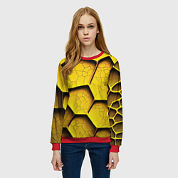 Свитшот женский Желтые шестиугольники с трещинами - объемная текст, цвет: 3D-красный — фото 2
