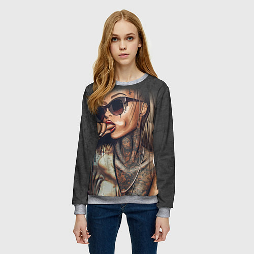 Женский свитшот Девушка с татуировками / 3D-Меланж – фото 3