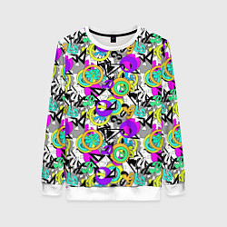 Свитшот женский Разноцветный узор с буквами и абстрактными фигурам, цвет: 3D-белый