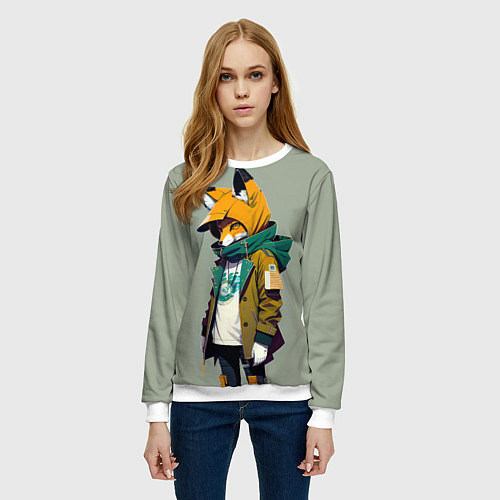 Женский свитшот Молодая лисичка - городской стиль / 3D-Белый – фото 3