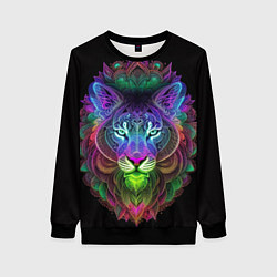Свитшот женский Разноцветный неоновый лев, цвет: 3D-черный