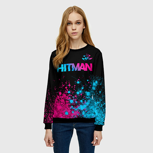 Женский свитшот Hitman - neon gradient: символ сверху / 3D-Черный – фото 3