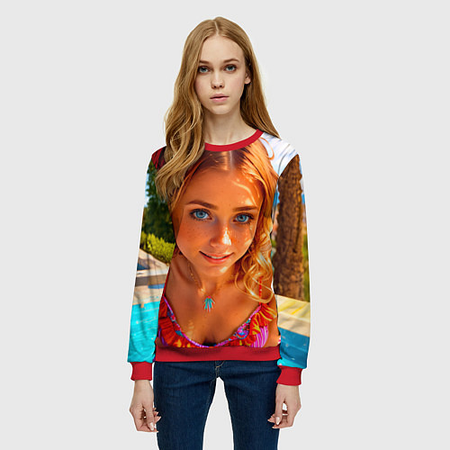 Женский свитшот Девушка на курорте у бассейна / 3D-Красный – фото 3