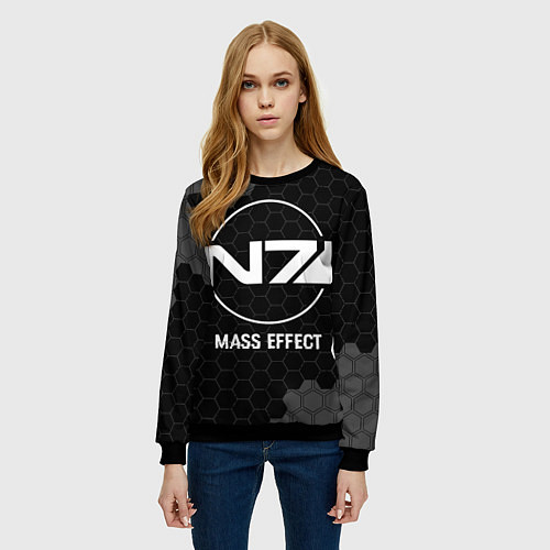 Женский свитшот Mass Effect glitch на темном фоне / 3D-Черный – фото 3