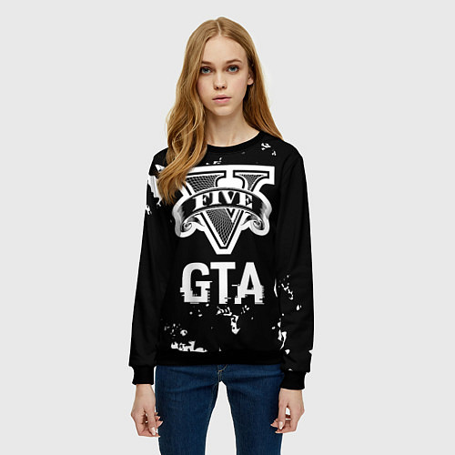 Женский свитшот GTA glitch на темном фоне / 3D-Черный – фото 3