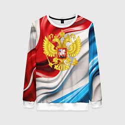 Свитшот женский Герб России на фоне флага, цвет: 3D-белый