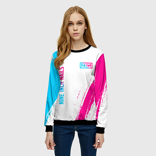 Женский свитшот Nine Inch Nails neon gradient style: надпись, симв / 3D-Черный – фото 3