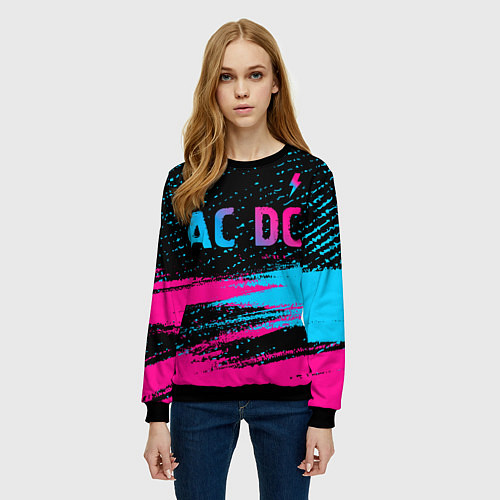 Женский свитшот AC DC - neon gradient: символ сверху / 3D-Черный – фото 3