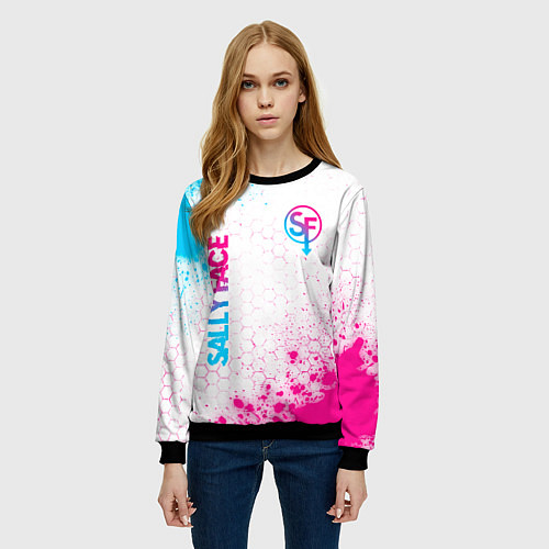 Женский свитшот Sally Face neon gradient style: надпись, символ / 3D-Черный – фото 3