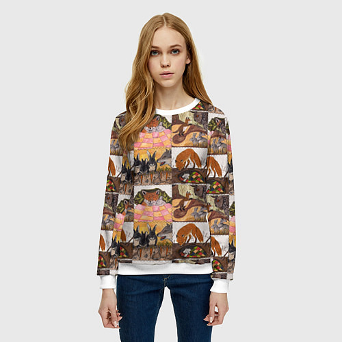 Женский свитшот Коллаж из рисунков с лисой / 3D-Белый – фото 3