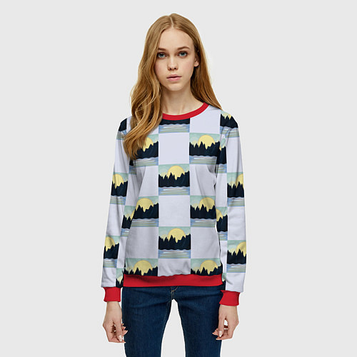 Женский свитшот Пейзаж горы и солнце / 3D-Красный – фото 3