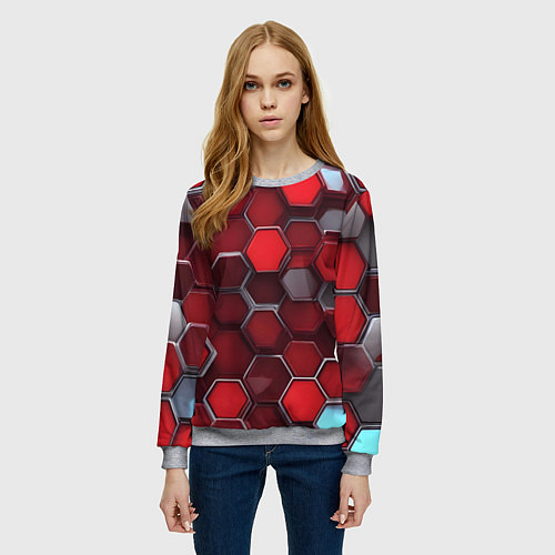 Женский свитшот Cyber hexagon red / 3D-Меланж – фото 3