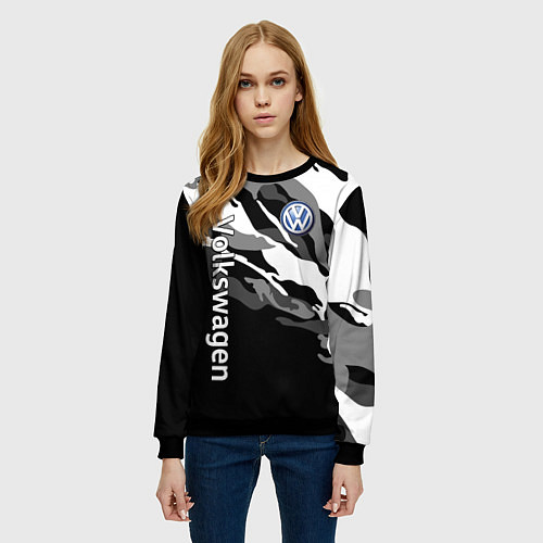 Женский свитшот Фольцваген - белый камуфляж / 3D-Черный – фото 3