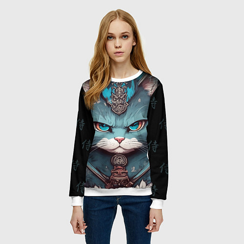 Женский свитшот Кот самурай сердитый / 3D-Белый – фото 3
