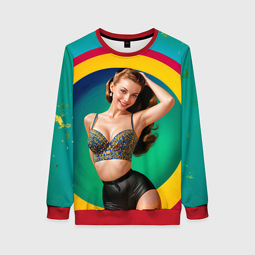 Женский свитшот Девушка в красочном расшитом топе на фоне цветных / 3D-Красный – фото 1