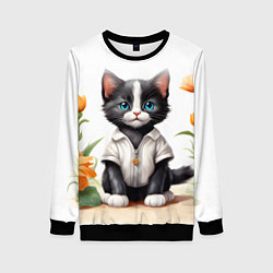 Свитшот женский Котенок на цветочной поляне, цвет: 3D-черный