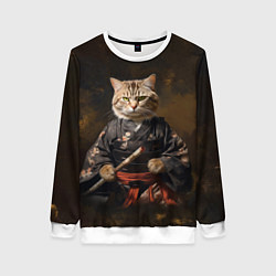 Свитшот женский Кот самурай на темном фоне, цвет: 3D-белый
