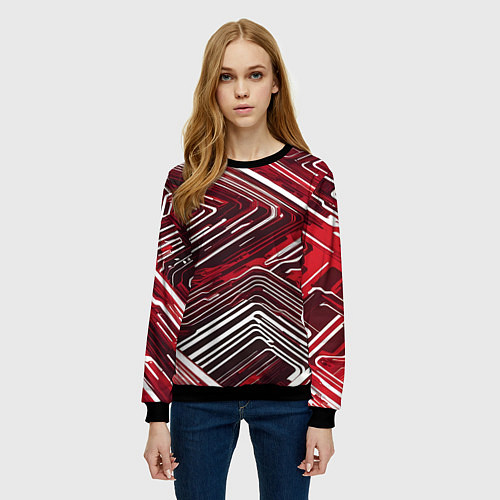 Женский свитшот Кибер линии красный-белый / 3D-Черный – фото 3