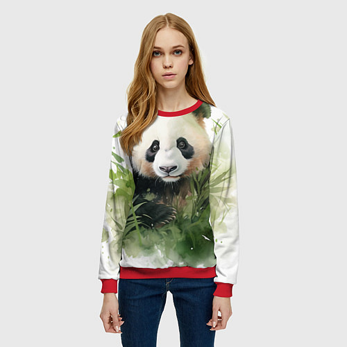 Женский свитшот Панда акварель / 3D-Красный – фото 3