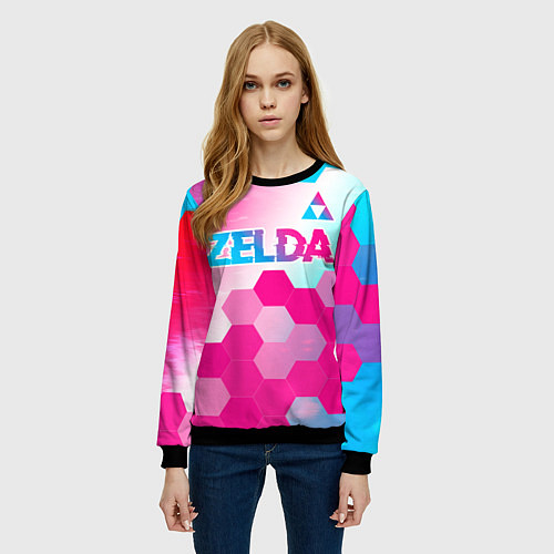 Женский свитшот Zelda neon gradient style: символ сверху / 3D-Черный – фото 3
