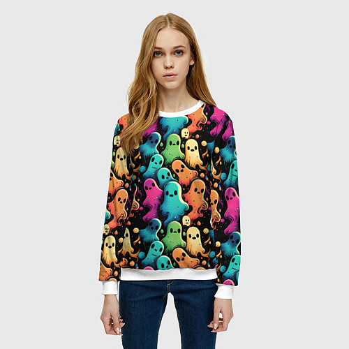 Женский свитшот Паттерн с разноцветными приведениями / 3D-Белый – фото 3