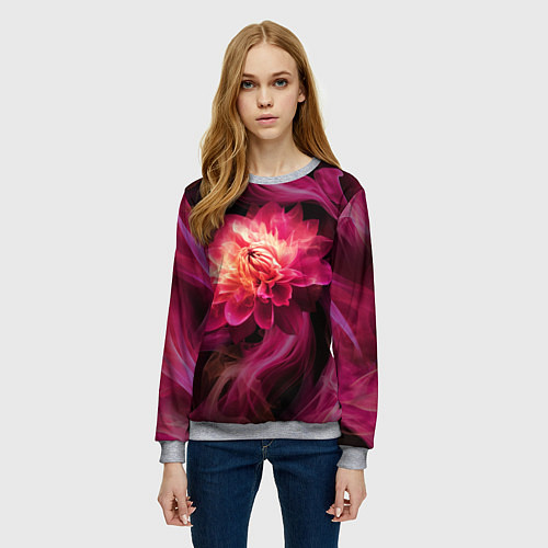 Женский свитшот Розовый цветок в огне - нейросеть / 3D-Меланж – фото 3