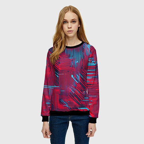 Женский свитшот Киберпанк линии синие и красные / 3D-Черный – фото 3