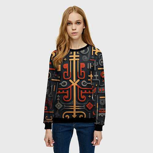 Женский свитшот Абстрактный паттерн в славянском стиле на тёмном ф / 3D-Черный – фото 3